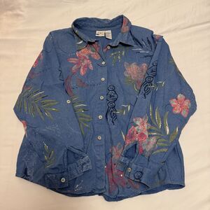 Vintage 90s Koret Floral Denim Long Sleeve Top size XL